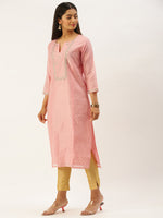 Pink & Golden Ethnic Motifs Embroidered Straight Panelled Kurta