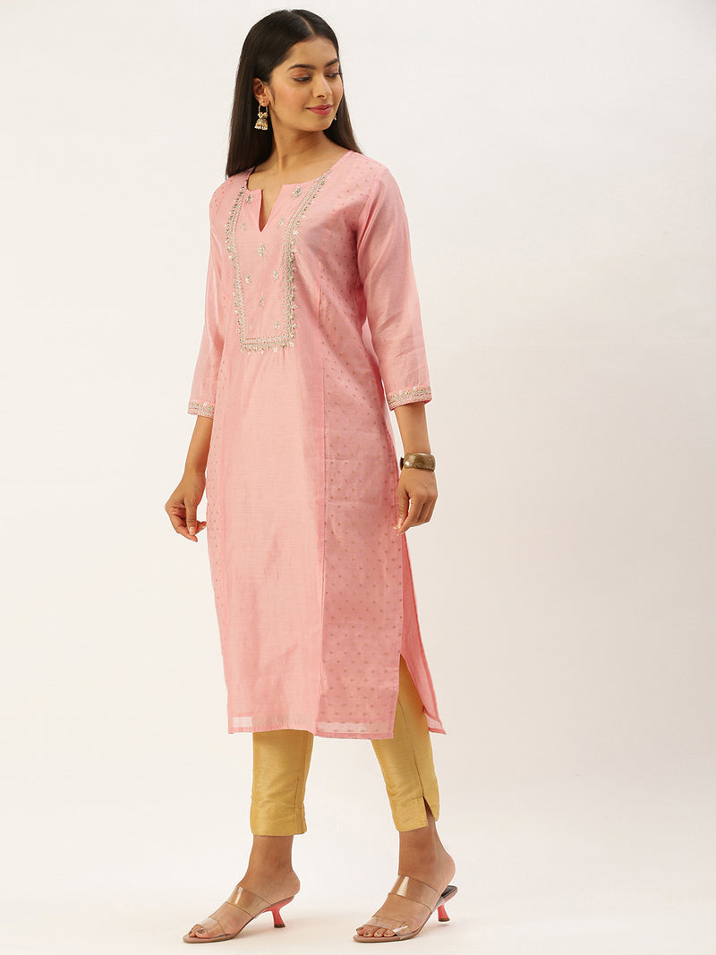 Pink & Golden Ethnic Motifs Embroidered Straight Panelled Kurta