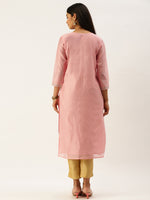 Pink & Golden Ethnic Motifs Embroidered Straight Panelled Kurta