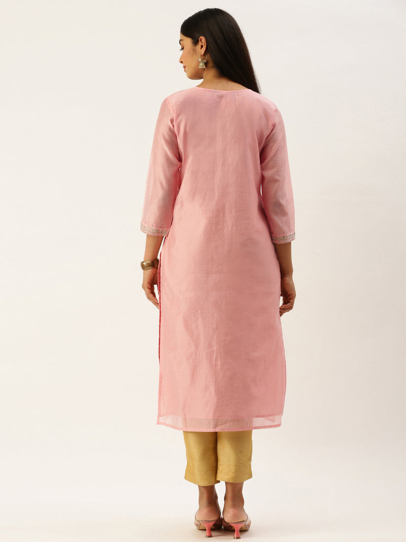Pink & Golden Ethnic Motifs Embroidered Straight Panelled Kurta