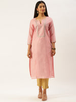Pink & Golden Ethnic Motifs Embroidered Straight Panelled Kurta