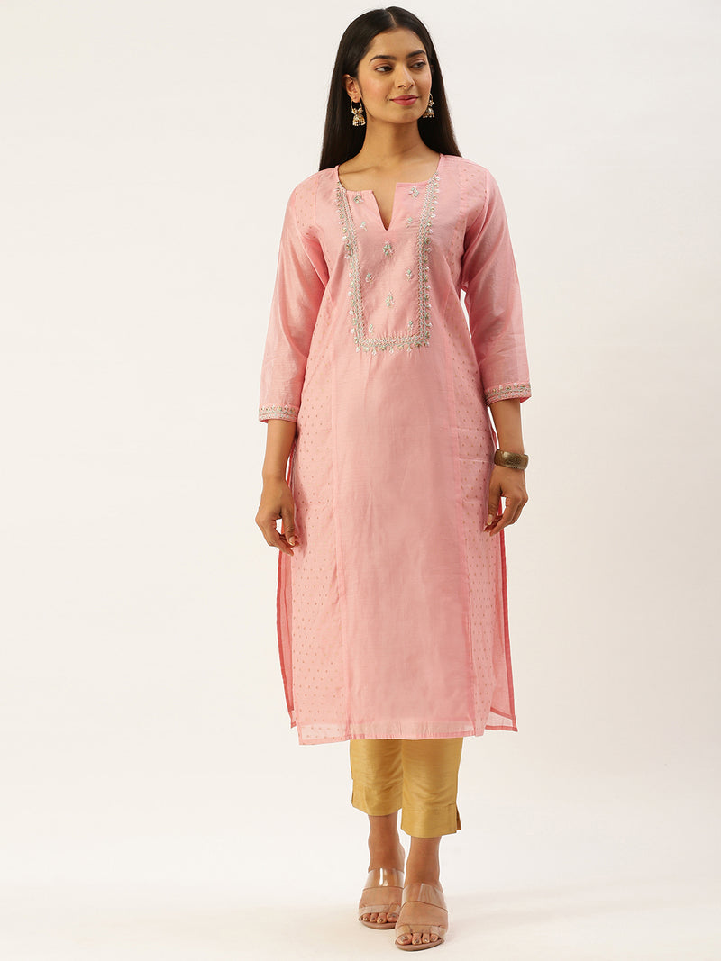 Pink & Golden Ethnic Motifs Embroidered Straight Panelled Kurta