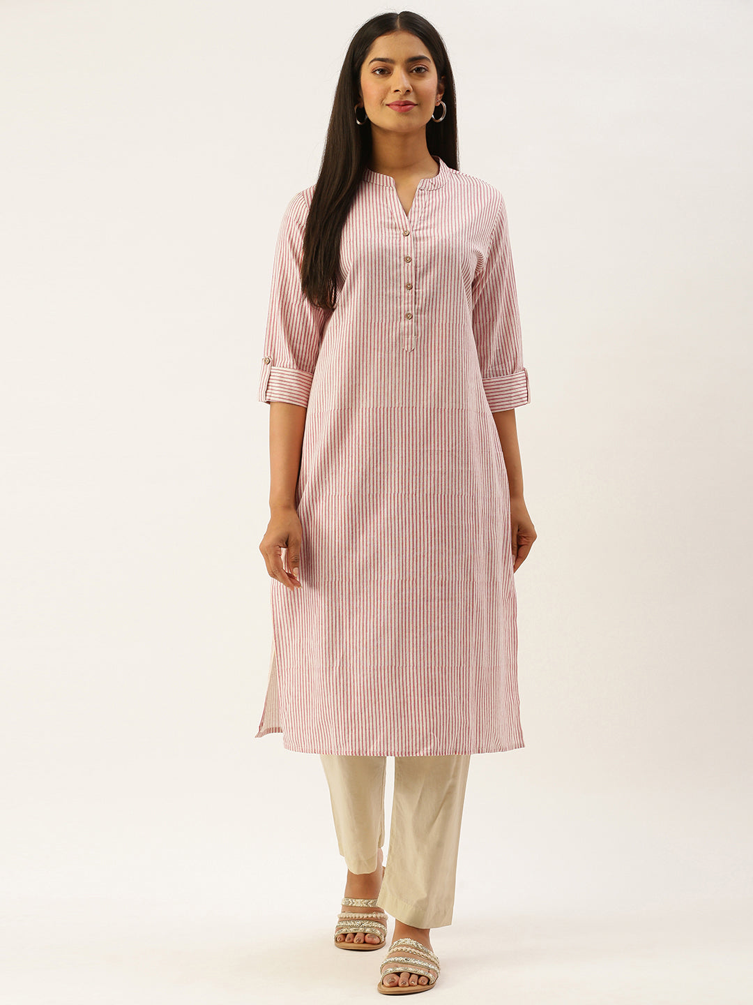 Pink & White Striped Straight Kurta