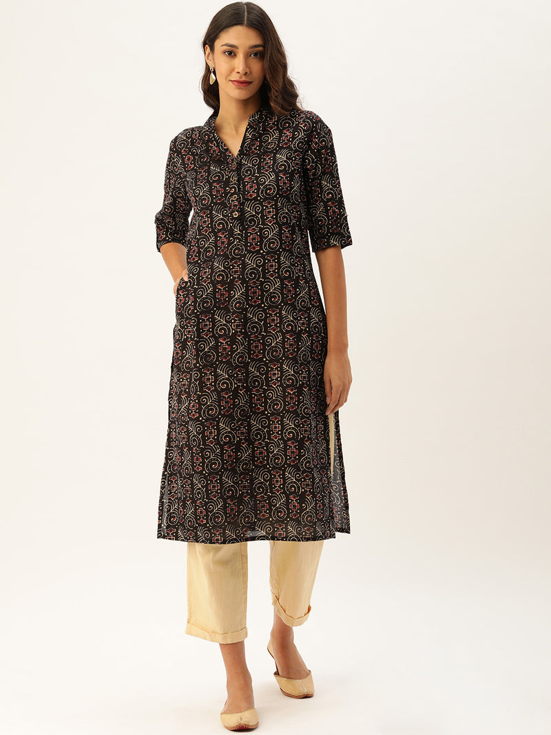 Black & Beige Printed Straight Kurta