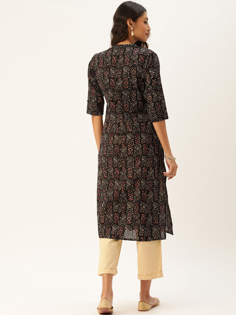 Black & Beige Printed Straight Kurta