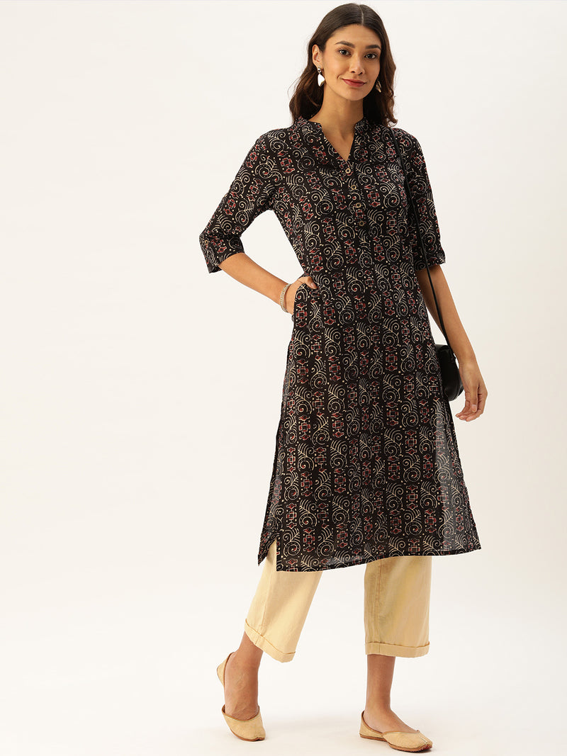 Black & Beige Printed Straight Kurta