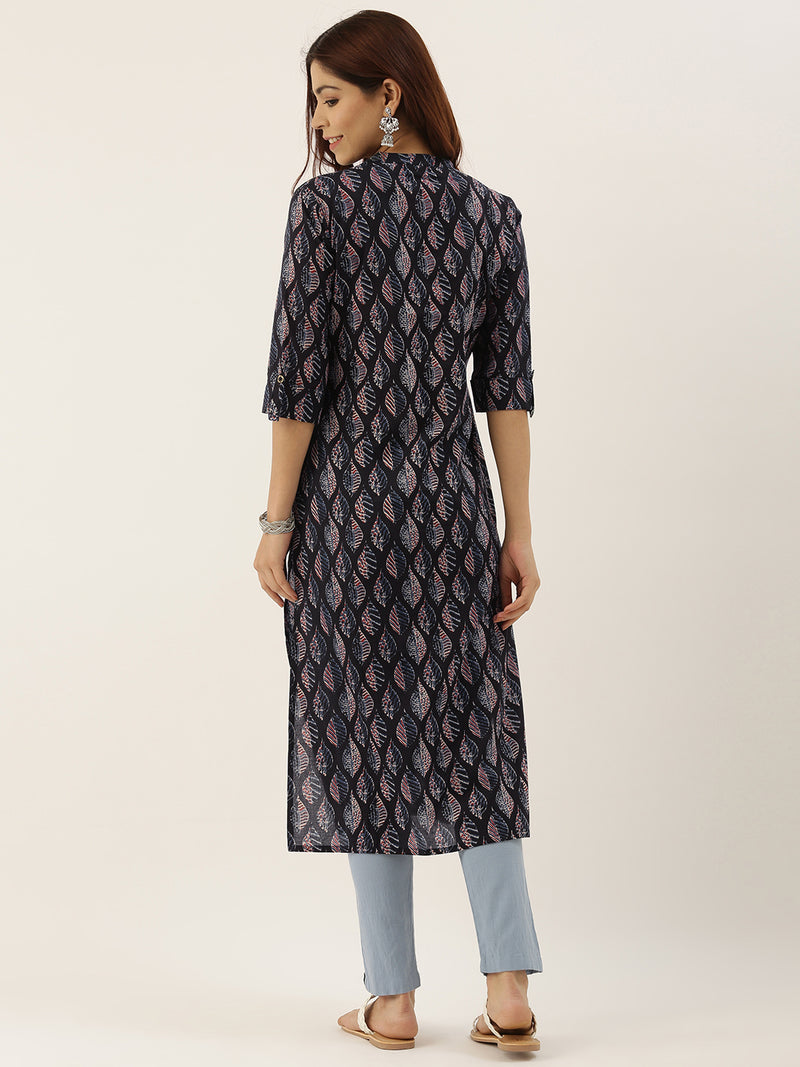 Black & Blue Printed Straight Kurta
