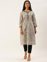 Off White & Beige Hand Block Ethnic Motifs Print Straight Kurta