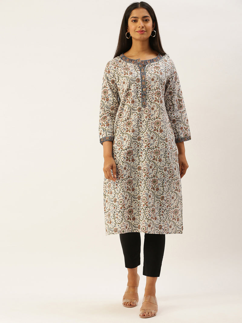 Off White & Beige Hand Block Ethnic Motifs Print Straight Kurta