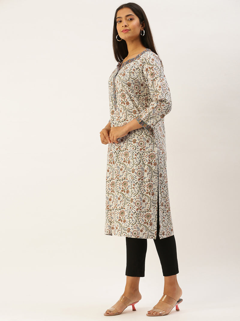 Off White & Beige Hand Block Ethnic Motifs Print Straight Kurta