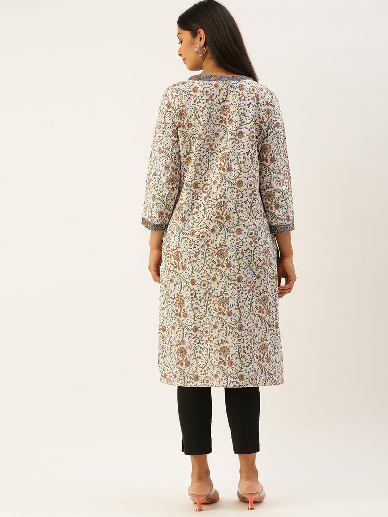 Off White & Beige Hand Block Ethnic Motifs Print Straight Kurta