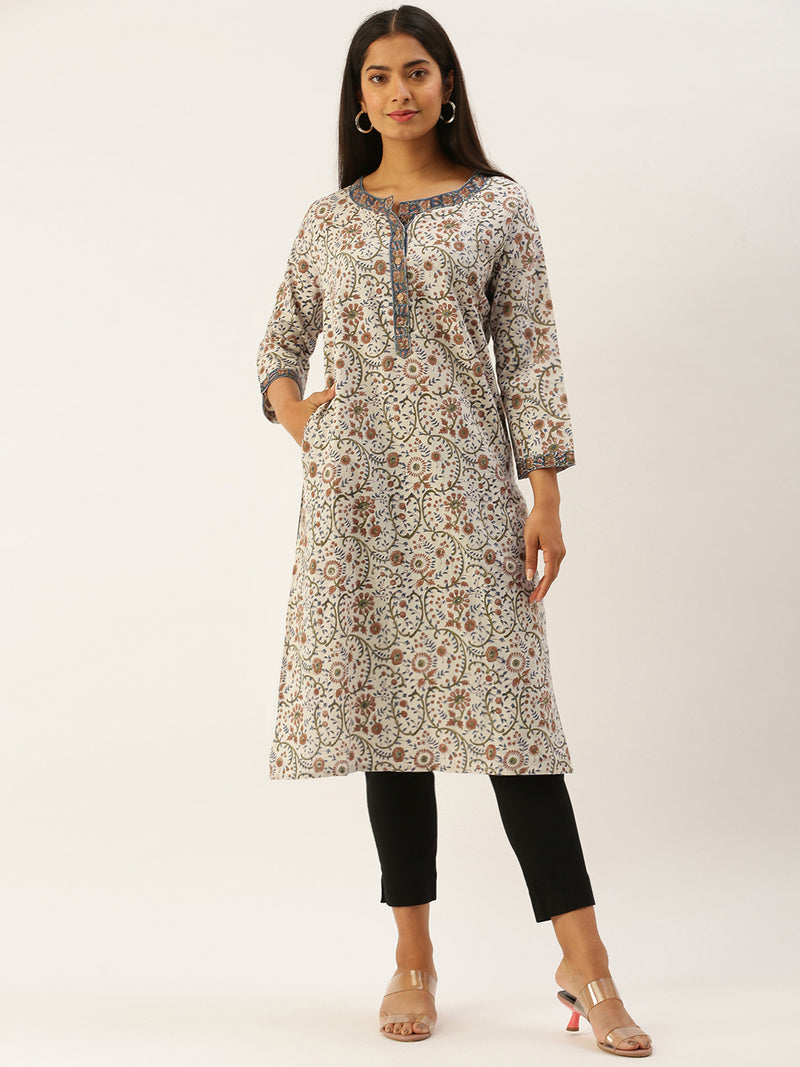 Off White & Beige Hand Block Ethnic Motifs Print Straight Kurta