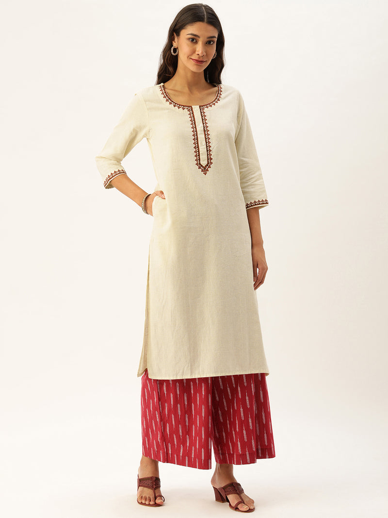 Off-White Yoke Design Embroidered Straight Kurta