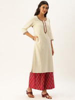 Off-White Yoke Design Embroidered Straight Kurta