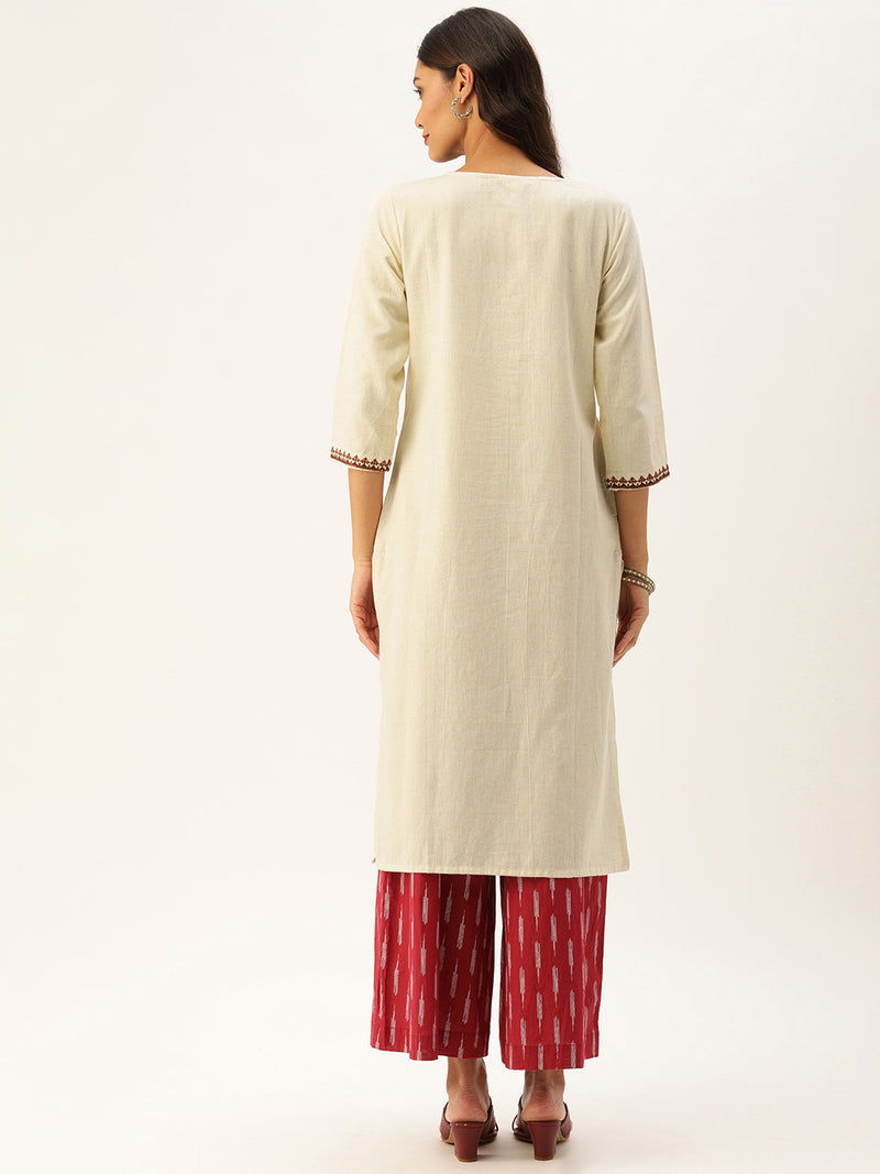 Off-White Yoke Design Embroidered Straight Kurta