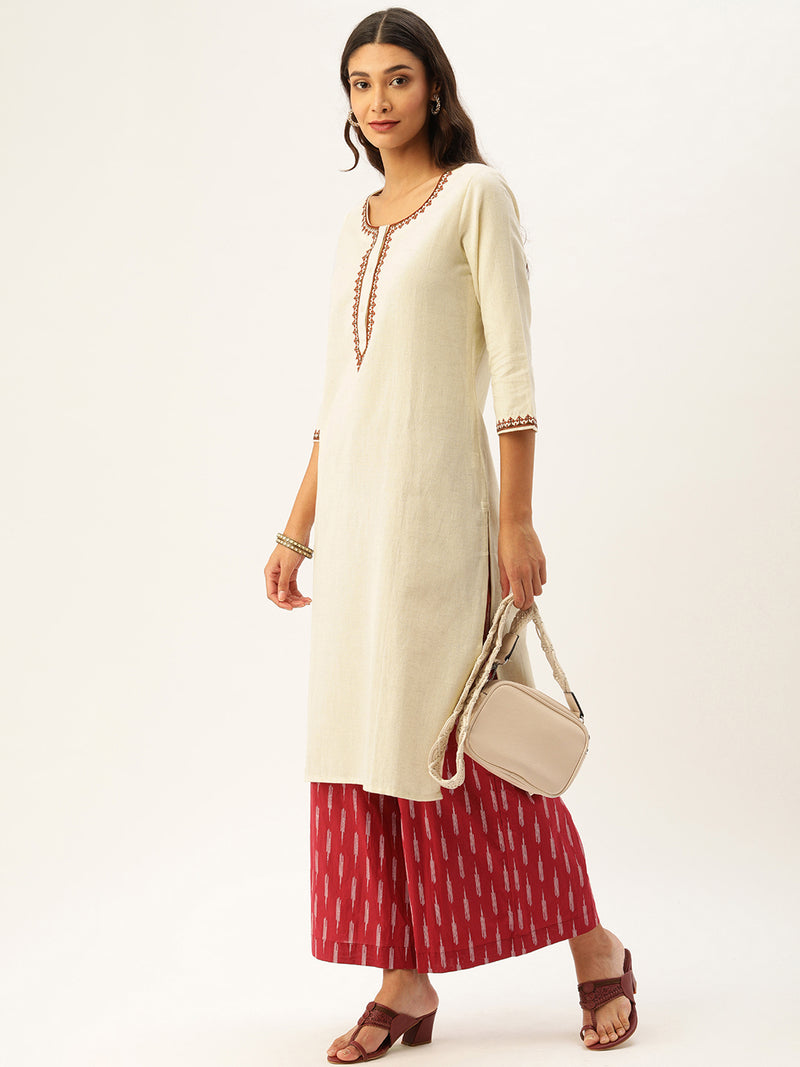 Off-White Yoke Design Embroidered Straight Kurta