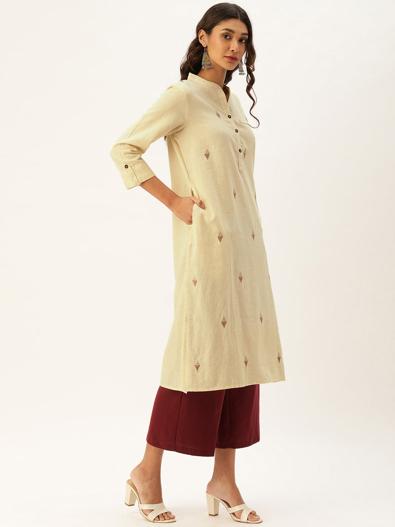 Off-White Embroidered Straight Kurta