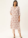 White & Red Floral Printed Straight Kurta