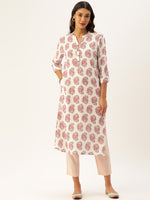 White & Red Floral Printed Straight Kurta