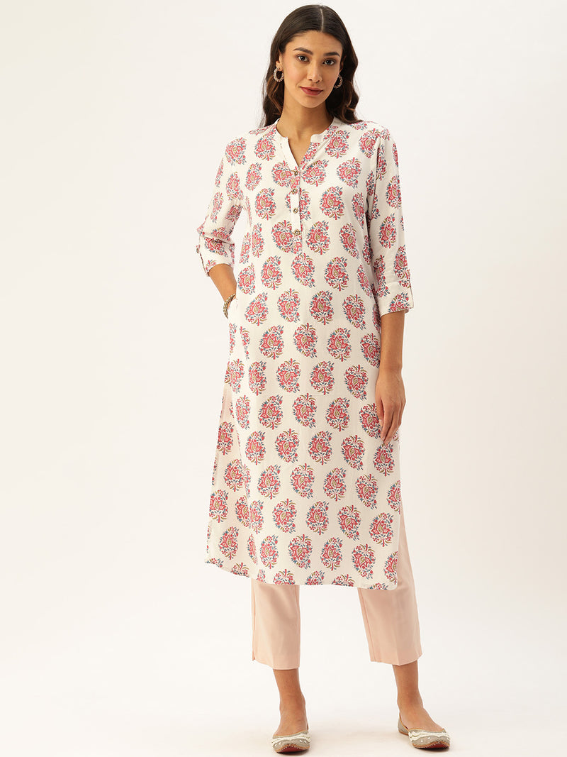 White & Red Floral Printed Straight Kurta