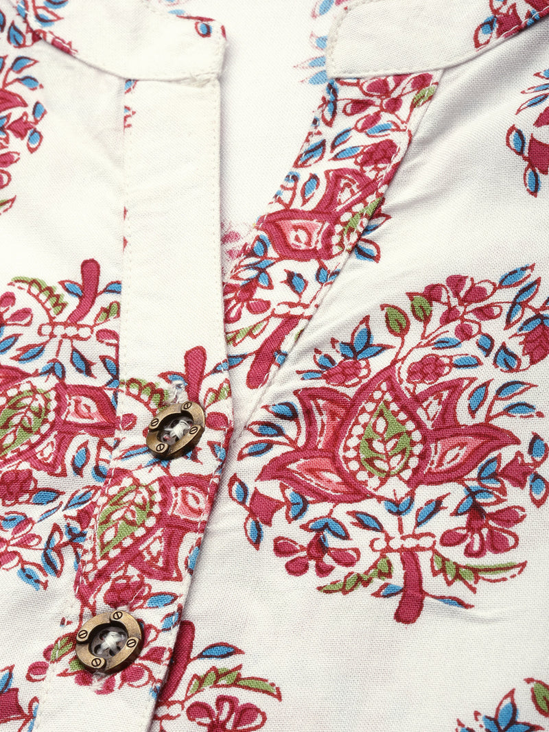 White & Red Floral Printed Straight Kurta