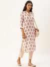 White & Red Floral Printed Straight Kurta