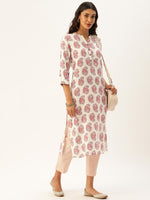 White & Red Floral Printed Straight Kurta