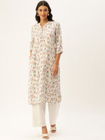 White & Green Floral Printed Straight Kurta