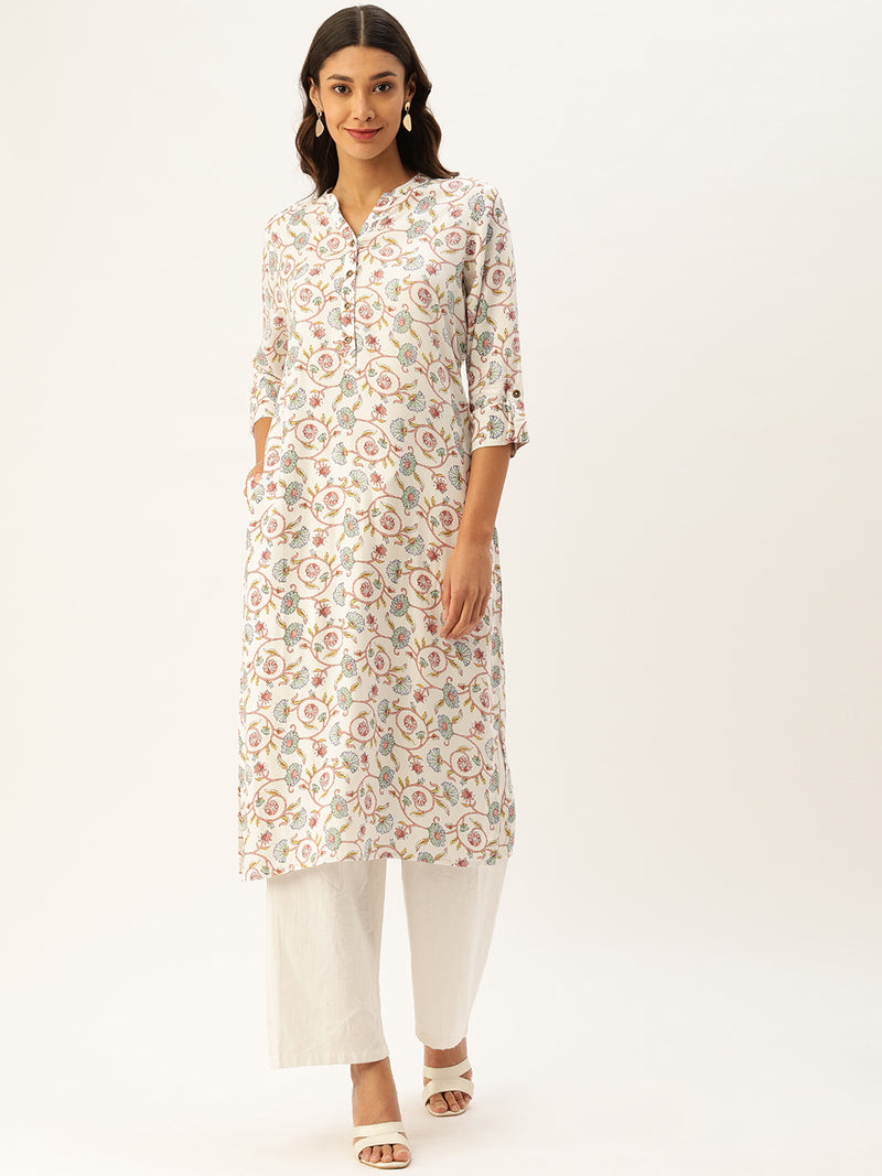 White & Green Floral Printed Straight Kurta