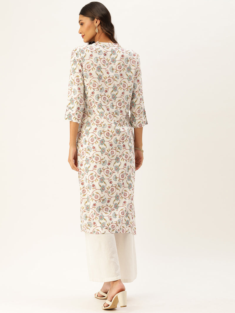 White & Green Floral Printed Straight Kurta