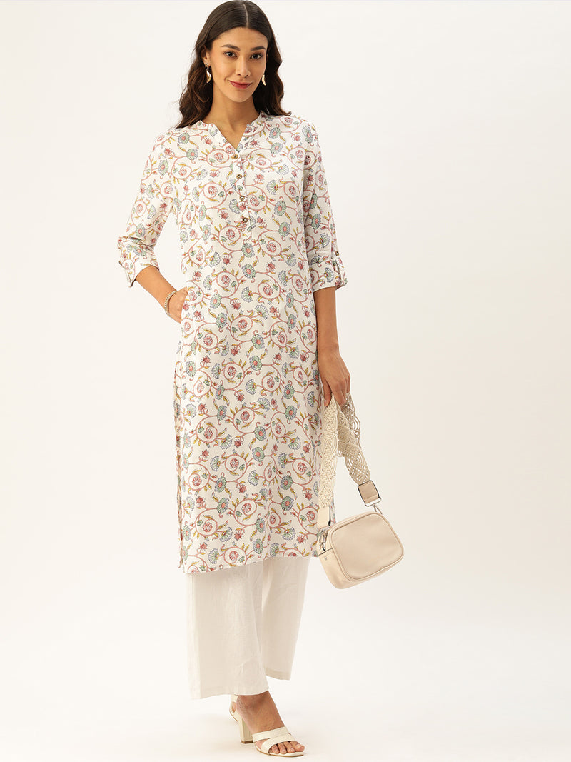 White & Green Floral Printed Straight Kurta