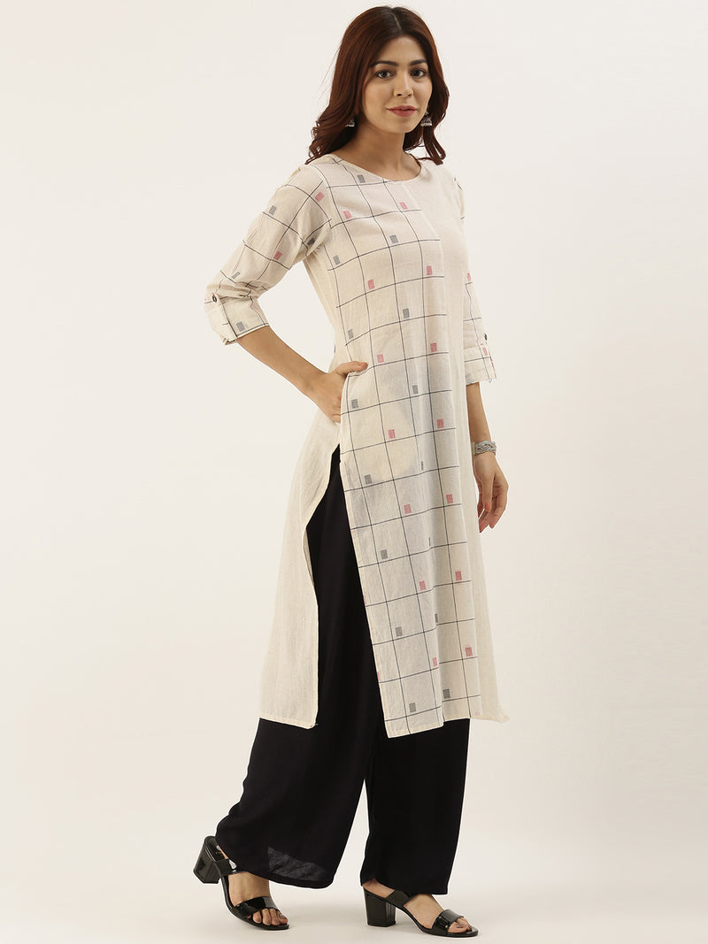 Off-White Placement Checked Straight Kurta