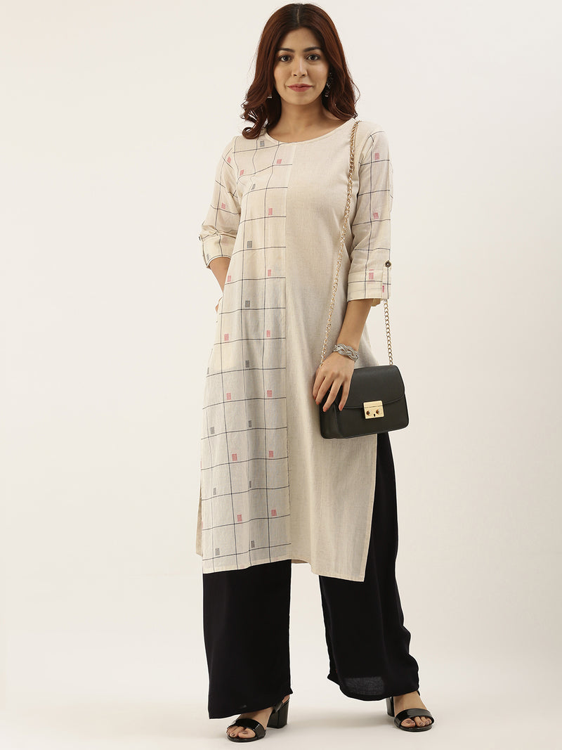 Off-White Placement Checked Straight Kurta