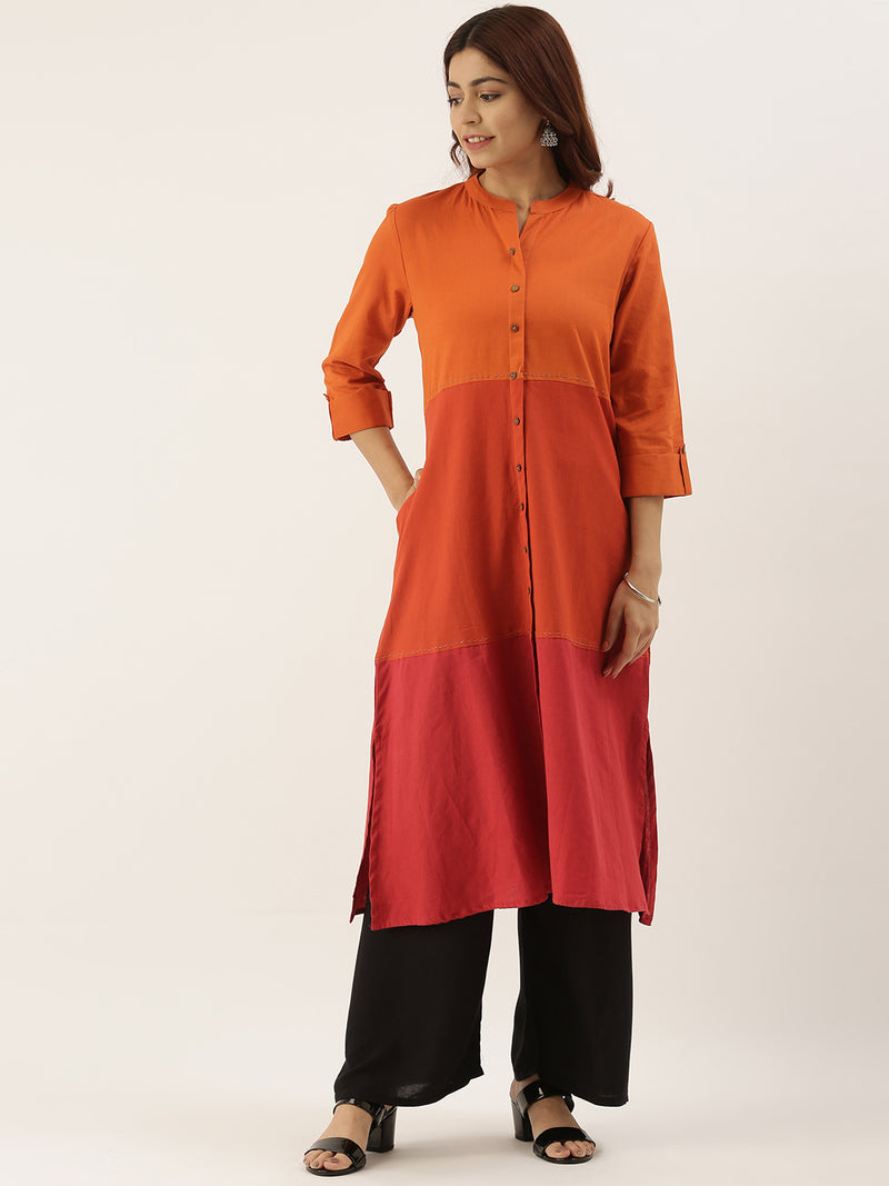 Orange & Red Colour blocked Straight Kurta