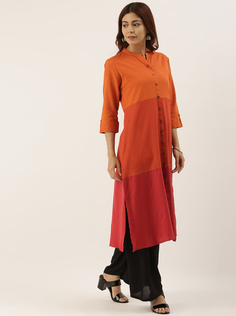 Orange & Red Colour blocked Straight Kurta