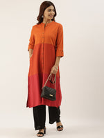 Orange & Red Colour blocked Straight Kurta