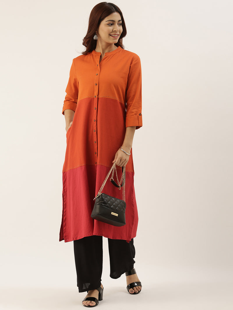 Orange & Red Colour blocked Straight Kurta