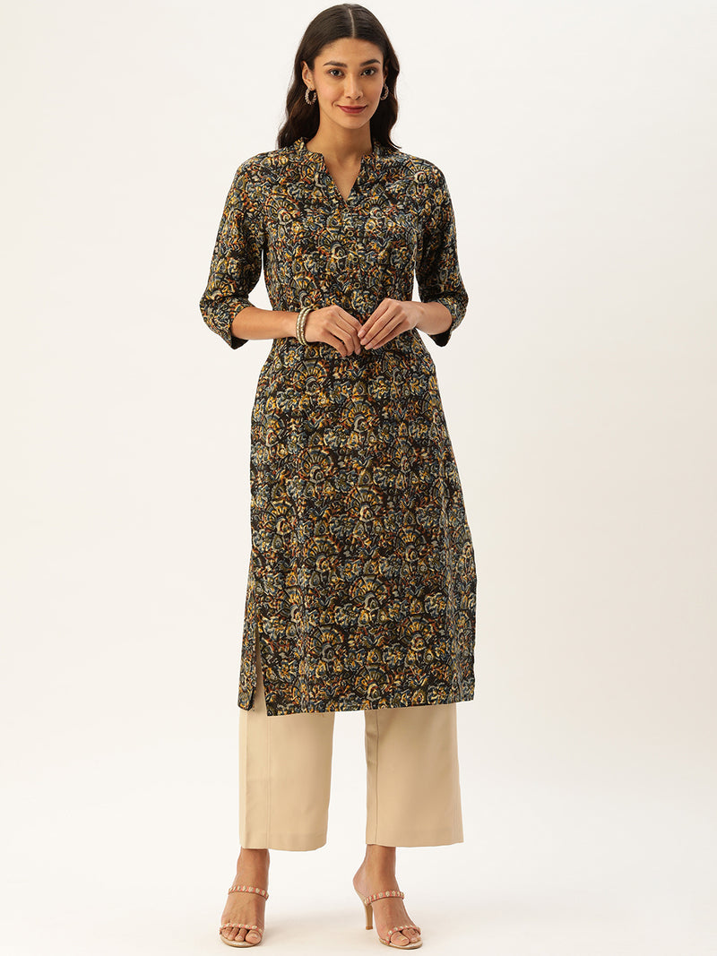 Black & Blue Printed Straight Kurta