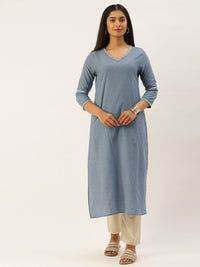 Blue Solid V-Neck Roll-Up Sleeves Thread Work Detail Kurta