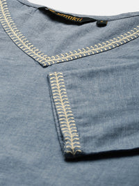 Blue Solid V-Neck Roll-Up Sleeves Thread Work Detail Kurta