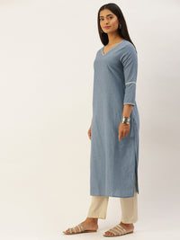 Blue Solid V-Neck Roll-Up Sleeves Thread Work Detail Kurta