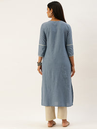 Blue Solid V-Neck Roll-Up Sleeves Thread Work Detail Kurta