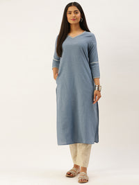 Blue Solid V-Neck Roll-Up Sleeves Thread Work Detail Kurta