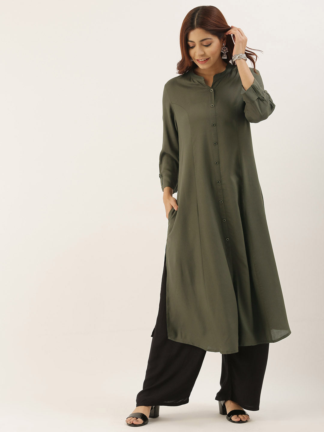 Green Solid A-Line Kurta