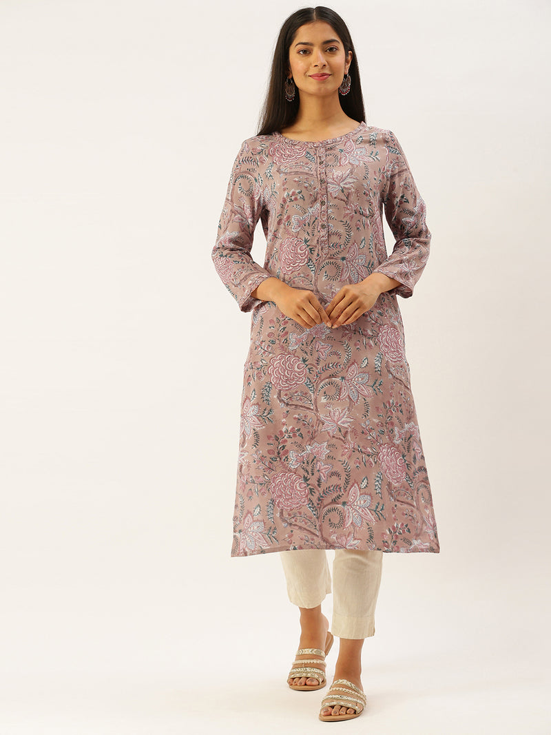 Beige & Pink Ethnic Motifs Print Straight Kurta