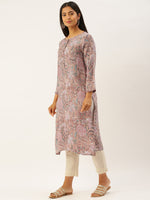 Beige & Pink Ethnic Motifs Print Straight Kurta