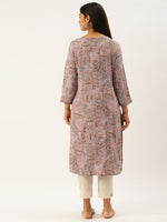 Beige & Pink Ethnic Motifs Print Straight Kurta