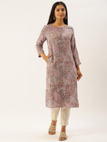 Beige & Pink Ethnic Motifs Print Straight Kurta