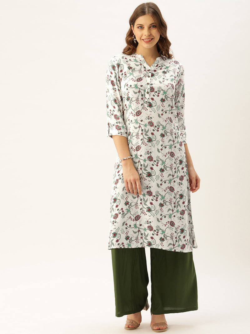 White & Green Floral Printed Straight Kurta