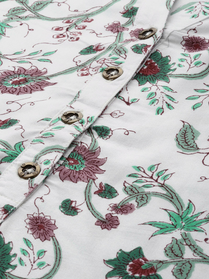 White & Green Floral Printed Straight Kurta